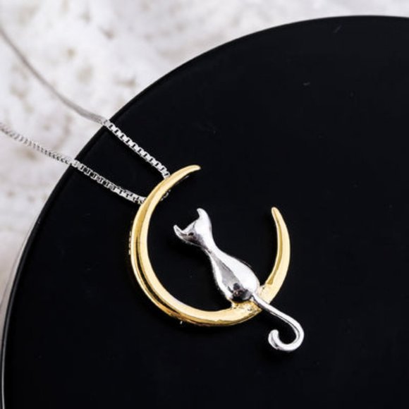 14k Gold Adorable Cat Moon Sterling Silver Necklace - Picture 2 of 16